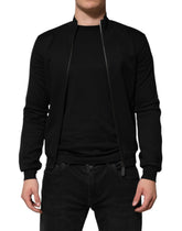 Black Cotton Logo Full Zip Men Bomber Jacket
